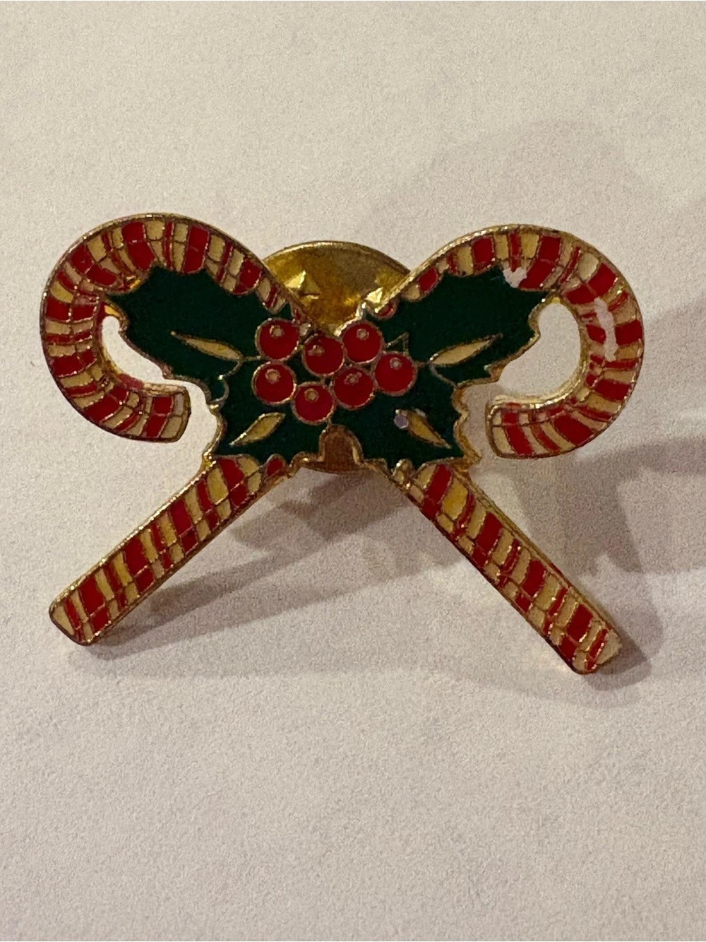 Christmas Candy Cane Holly Enamel Lapel Pin Gold Tone Red Green